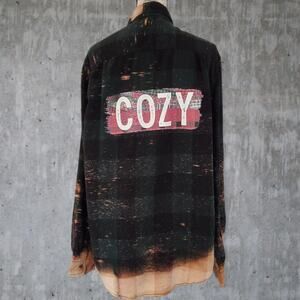 Cozy Christmas Flannel Shirt - Upcycled Re-Worked Bleached Button-Up, XLT